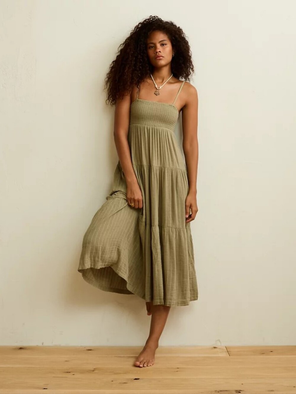 NWOT AE Smocked Babydoll Midi Dress In Olive